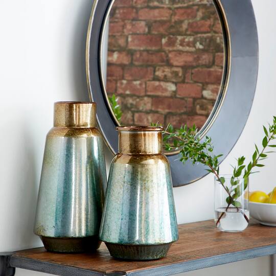 Set of 2 Turquoise Metal Rustic Vase, 15", 12"